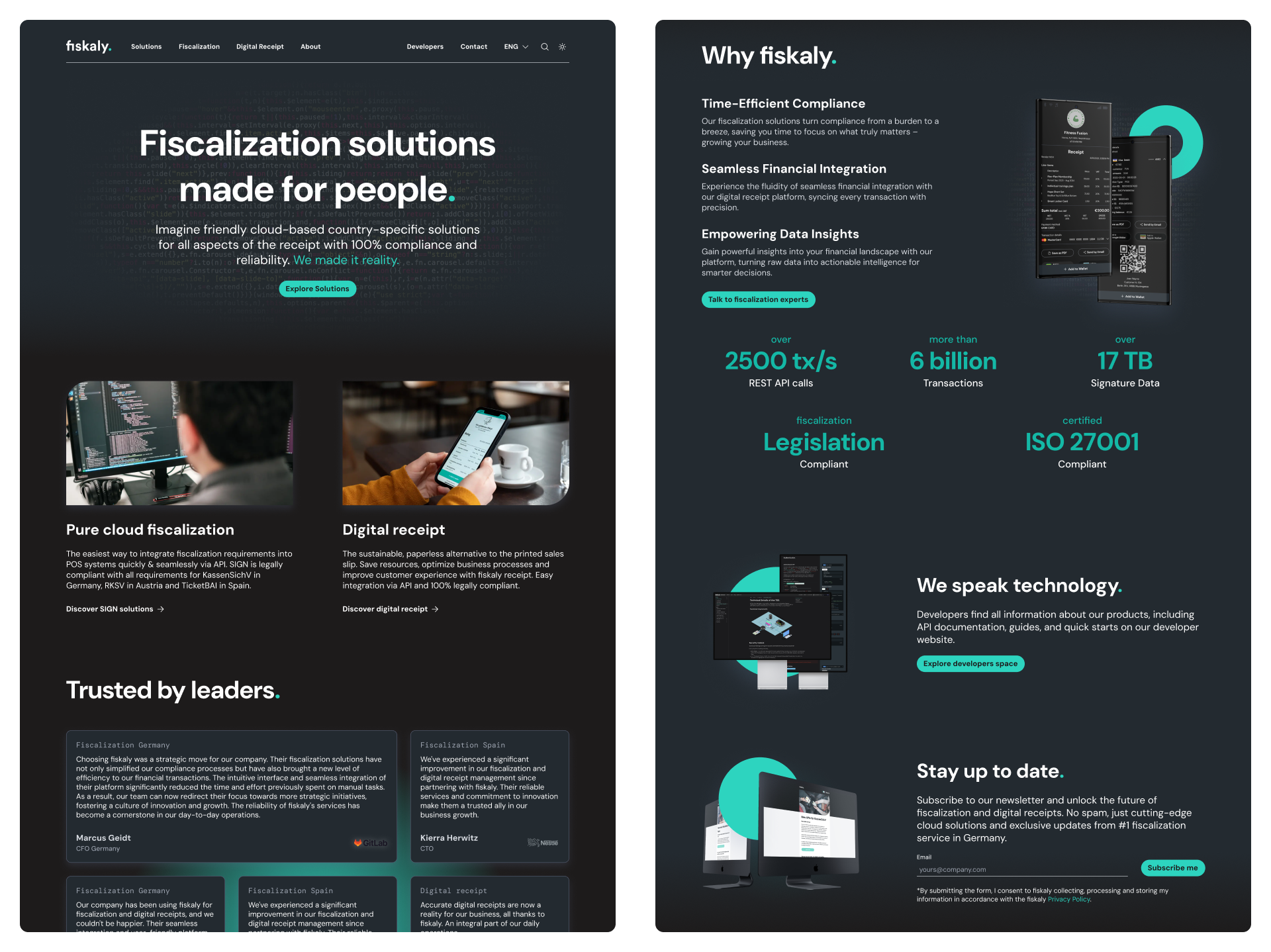 Fiskaly website showcasing fiscalization solutions and digital receipt product pages